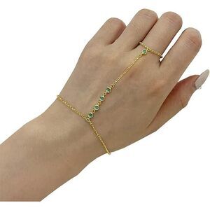 14K Gold Emerald Green Cz Finger Ring Bracelet Hand Chain For Women, 925